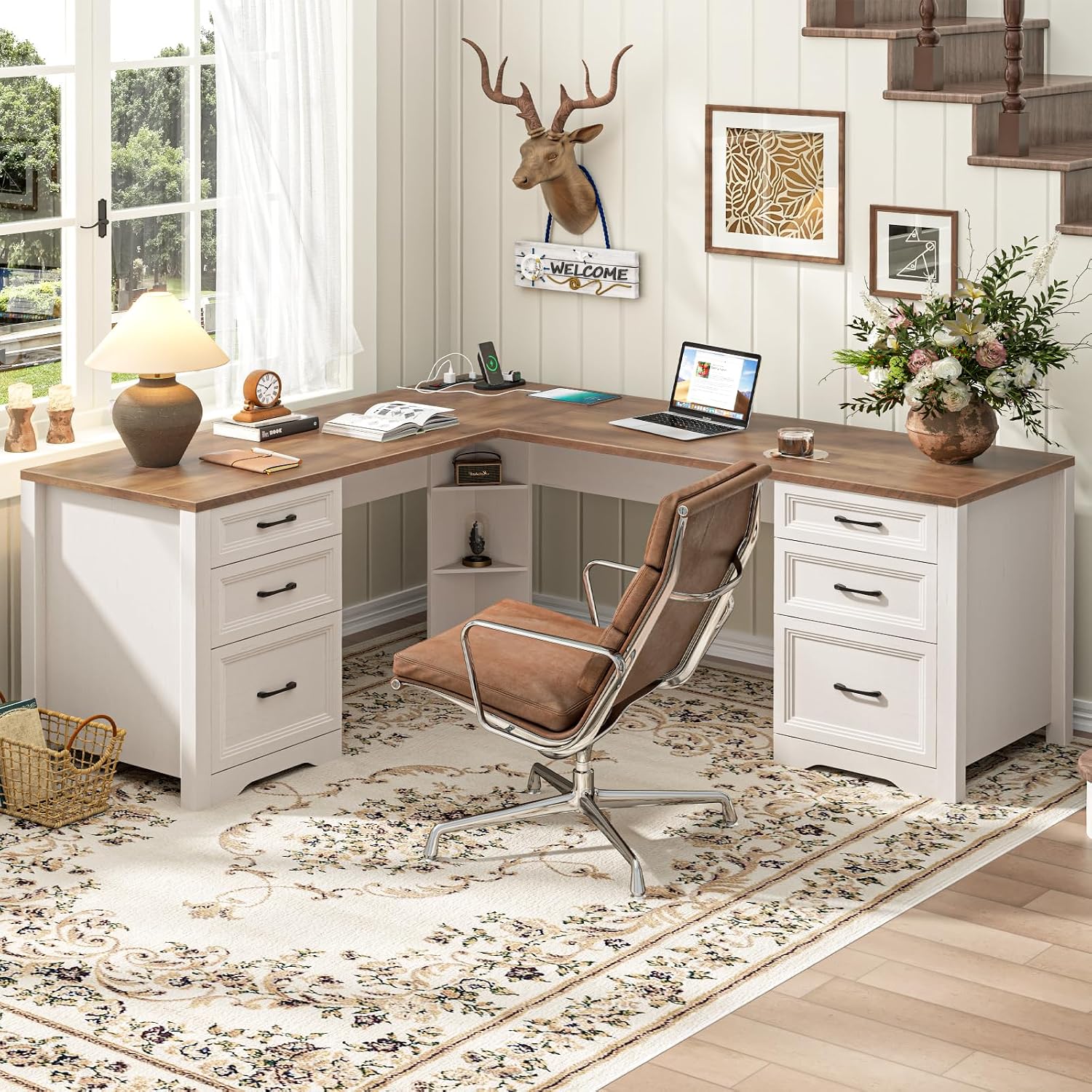 Office Furniture Filing Cabinets - Houten L-vormig directiebureau met 6 laden,