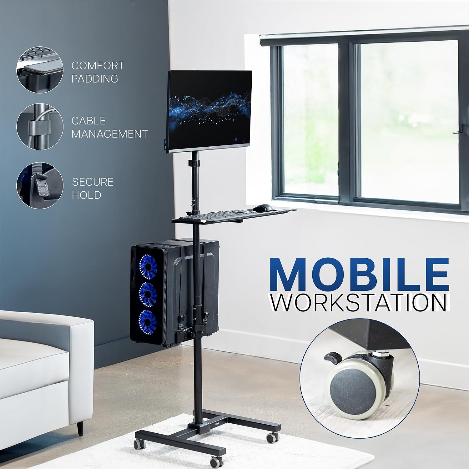 Zwarte rollende computerwagen  - Adjustable Monitor Mount recensie en prijs