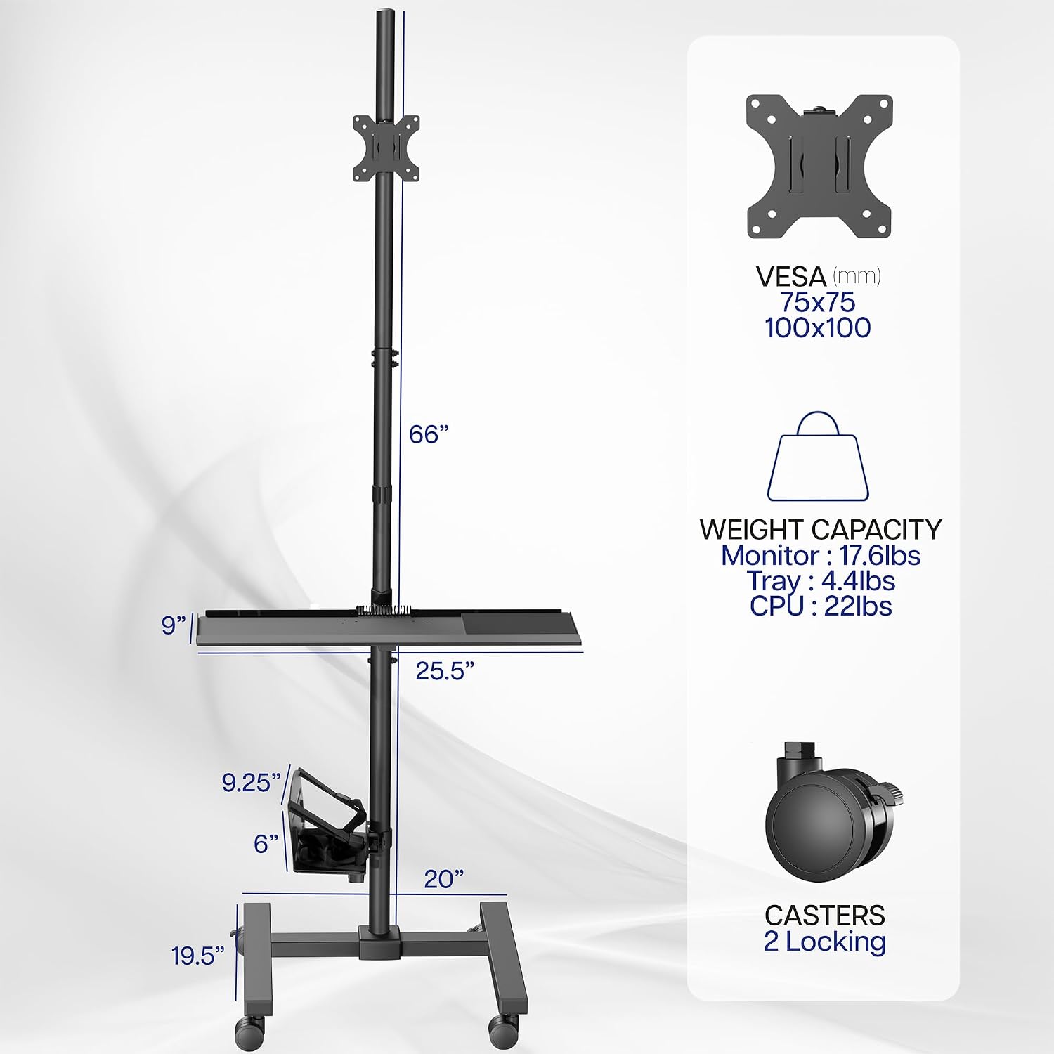 Zwarte rollende computerwagen  - Adjustable Monitor Mount recensie en prijs